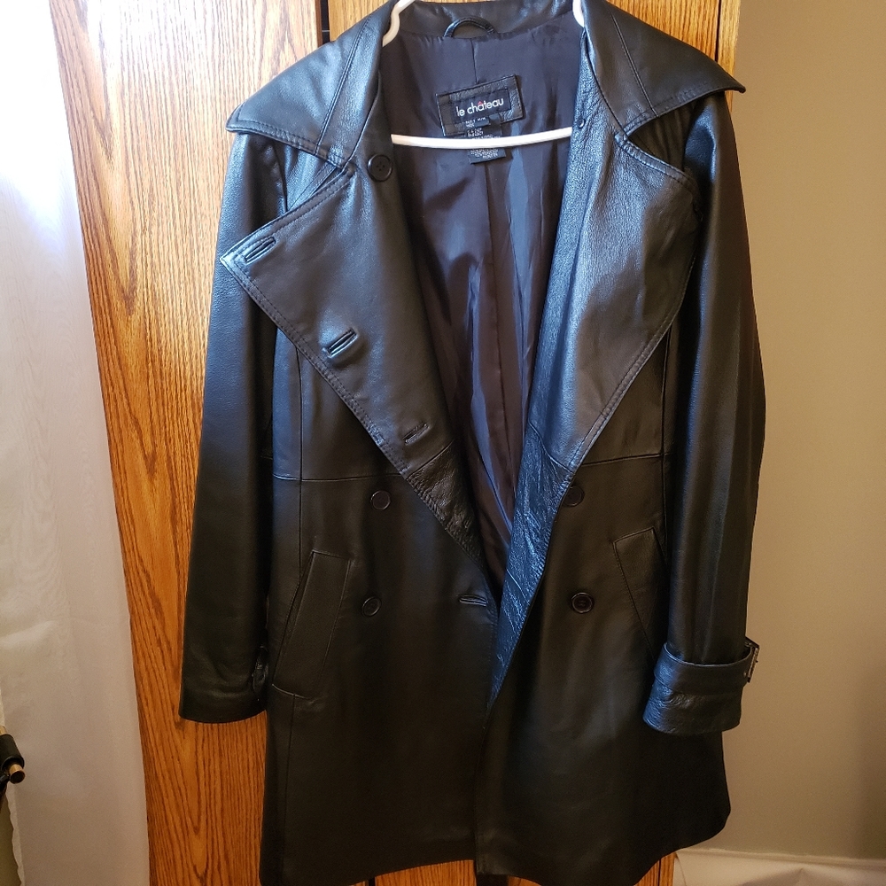 Mid length black leather jacket